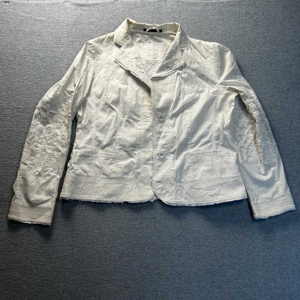 Luisa Cerano Embroidered Jacket Womens Large White Button‎ Front Designer Blazer